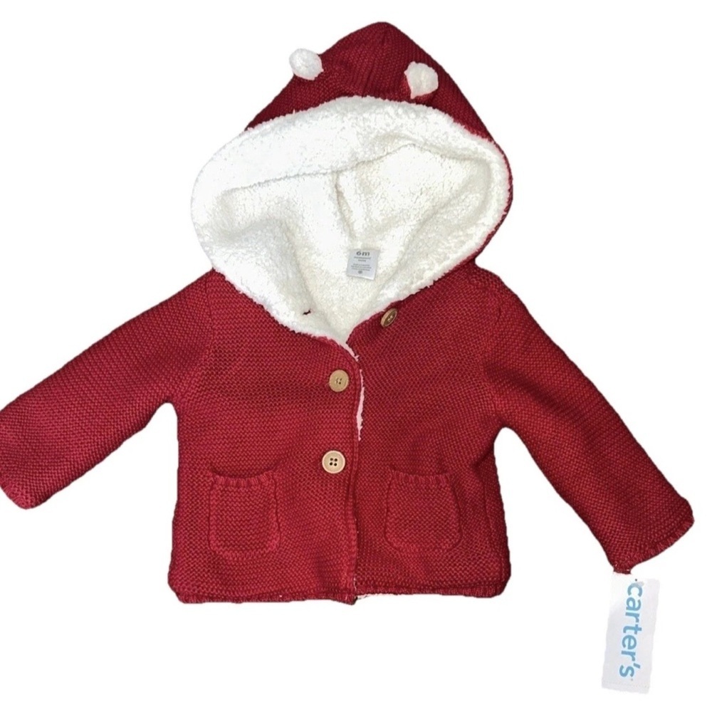 Carters Infant Red Sherpa Lined Hooded Cardigan Knit Baby Sweater 6 Months‎